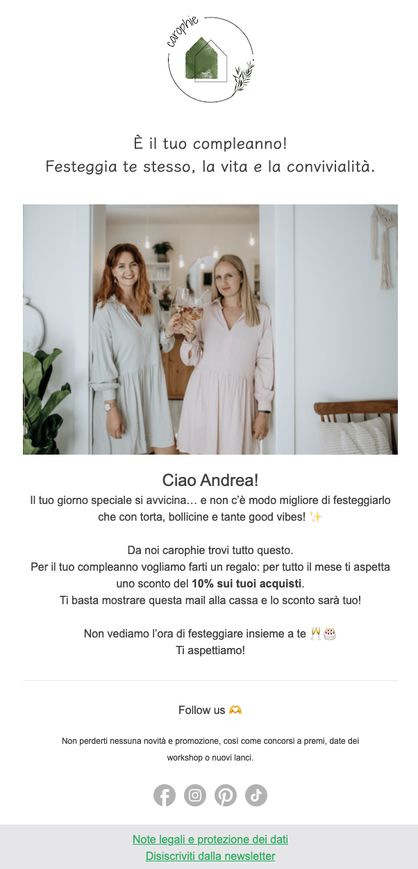 Esempio di newsletter per gli auguri di compleanno con un codice sconto da riscattare
